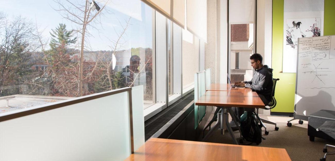 A student uses a laptop by windows overlooking campus.